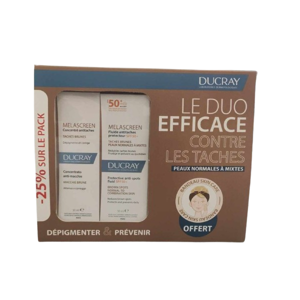 DUCRAY LE DUO EFFICACE CONTRE LES TACHES PEAUX SECHES COFFRET MELASCREEN CONCENTRE ANTI TACHE + CREME PROTECTEUR SPF50+